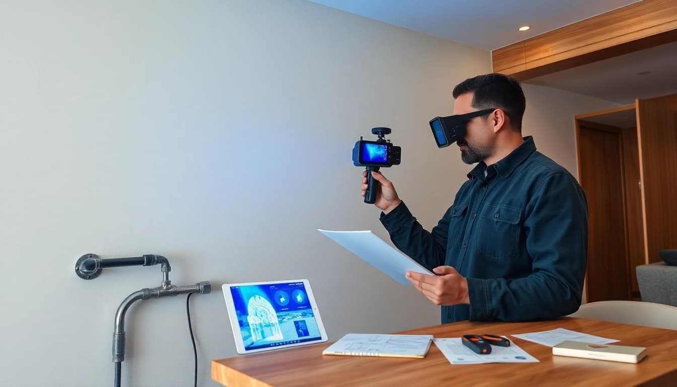 Expert technician performing water leak detection with thermal imaging in a modern home.