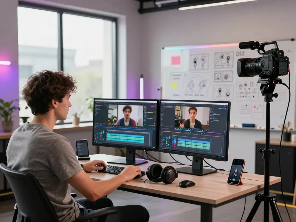 Content creator utilizing video to prompt ai technology in a modern studio with editing tools and vibrant atmosphere.