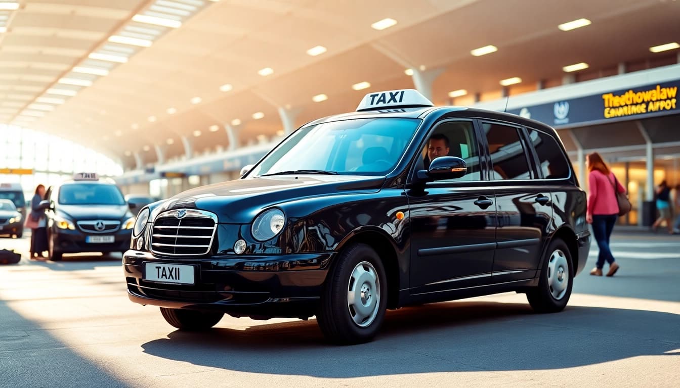 Taxi at Heathrow airport, showcasing a sleek black cab waiting for passengers.
