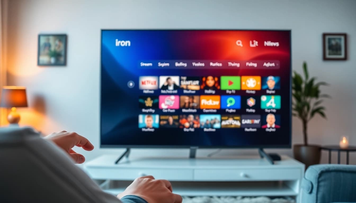Experience the features of Iron TV Pro in a vibrant streaming interface within a cozy living room setting.