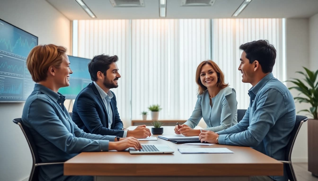 Una scena d'ufficio che raffigura una consulenza finanziaria per famiglie e imprenditori alle prese con difficoltà di debito, focalizzata su approfondire lo sovraindebitamento di famiglie e imprendito