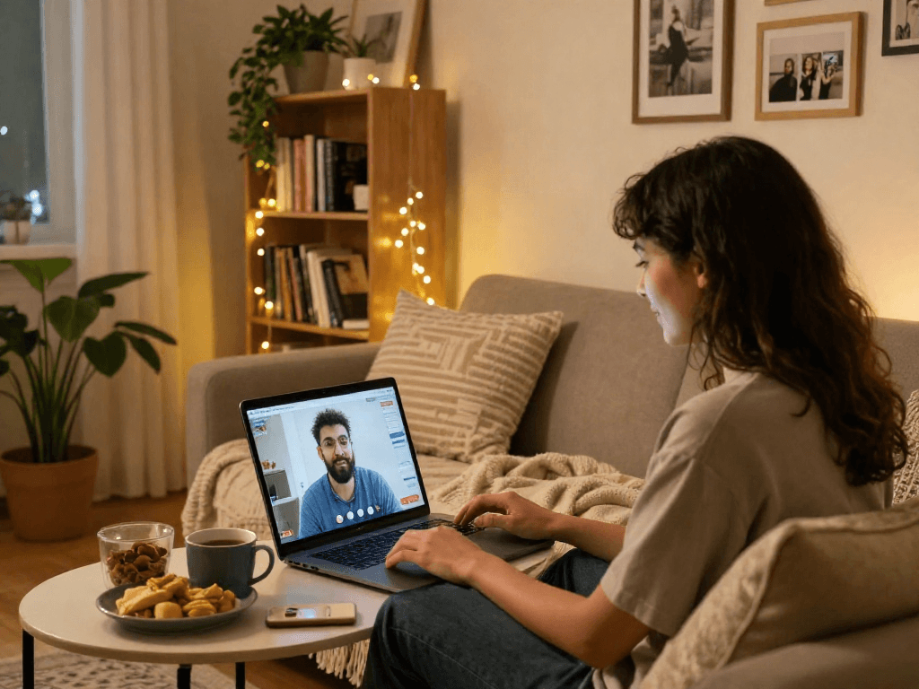 Engaging in a friendly porn ai chat on a laptop in a cozy living room