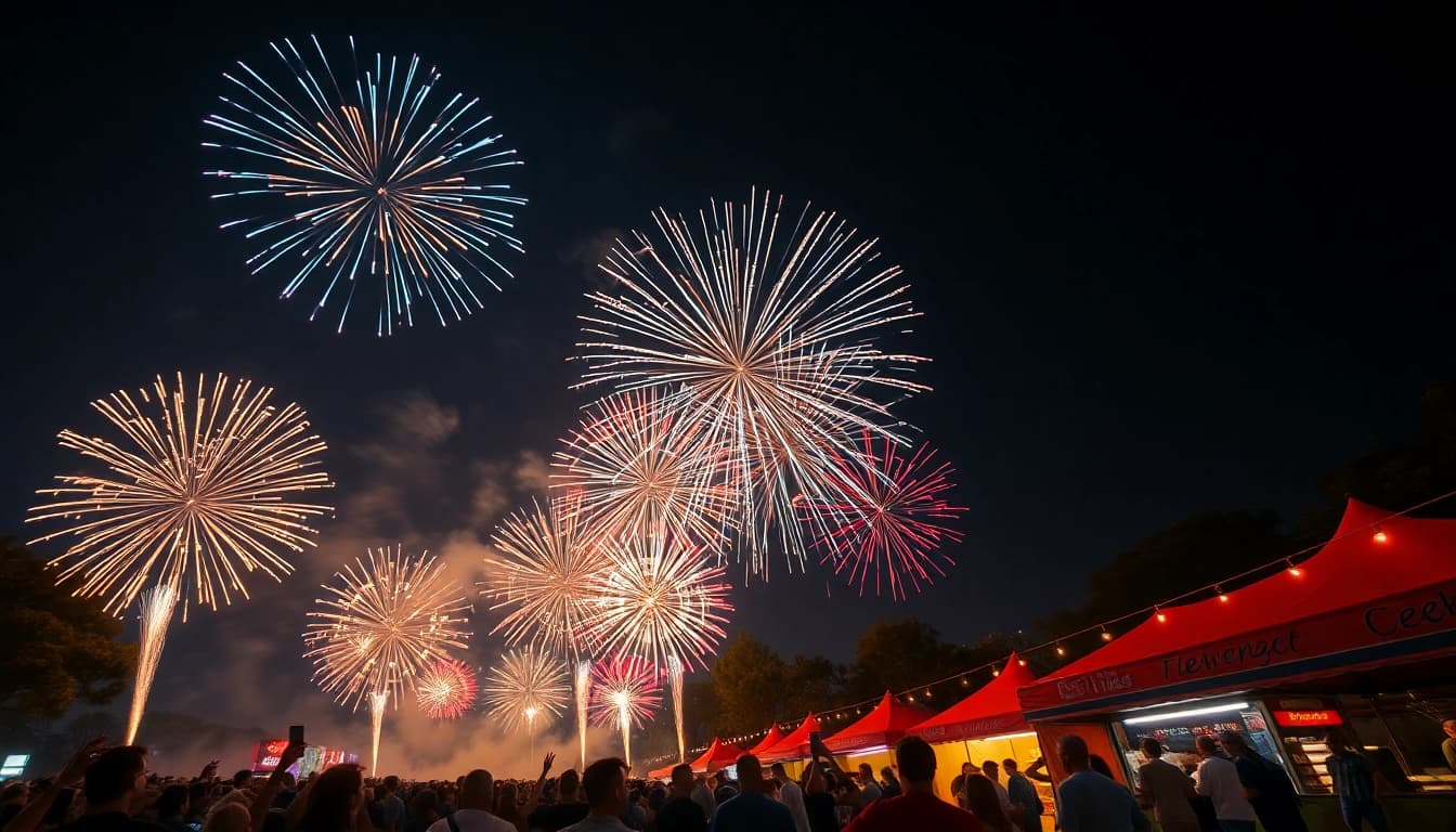 Celebratory fireworks uk lighting up the night sky at an outdoor festival with an excited crowd.