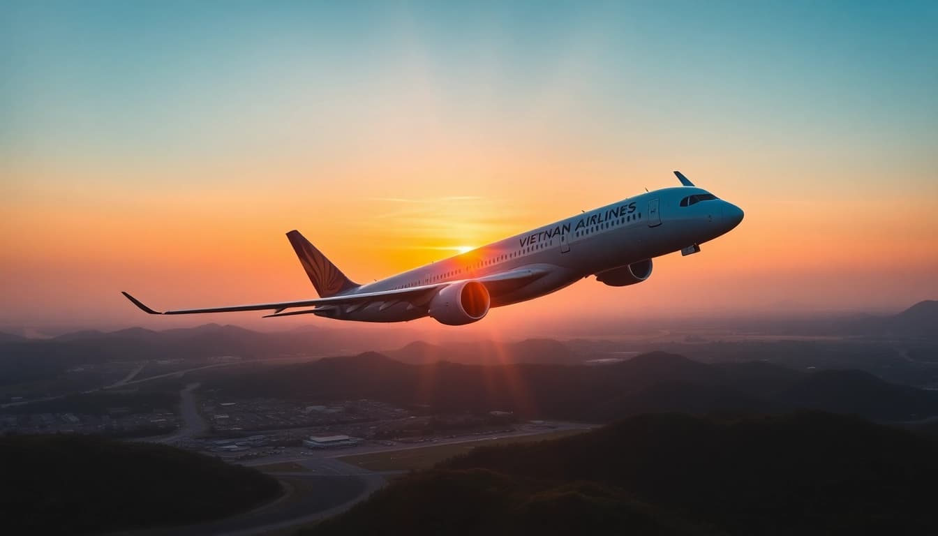 VN168 Vietnam Airlines flight taking off against a vibrant sunset backdrop.