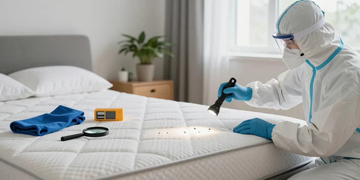 Bed bug pest control expert inspecting a mattress in a well-lit bedroom