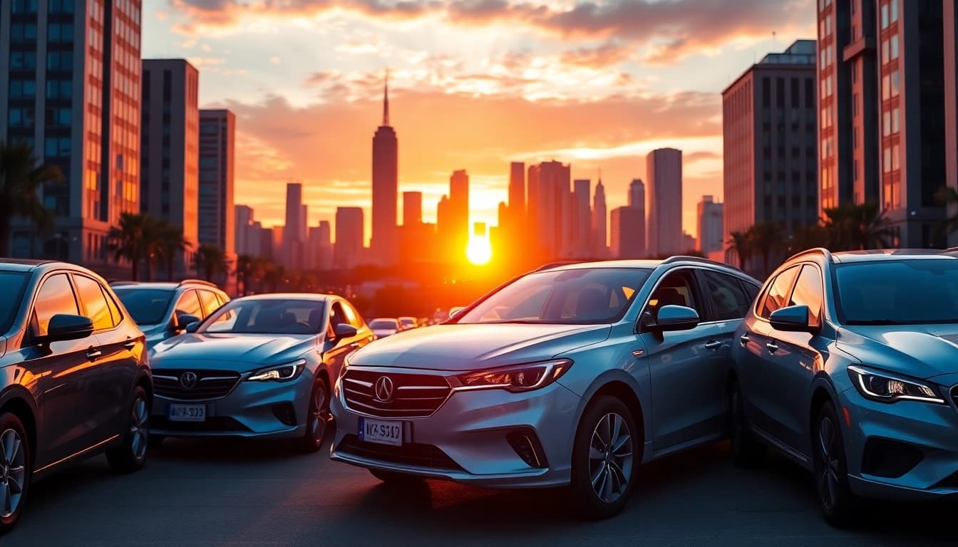 A fleet of Ashley cars showcased against a vibrant city skyline, highlighting modern design and elegance.