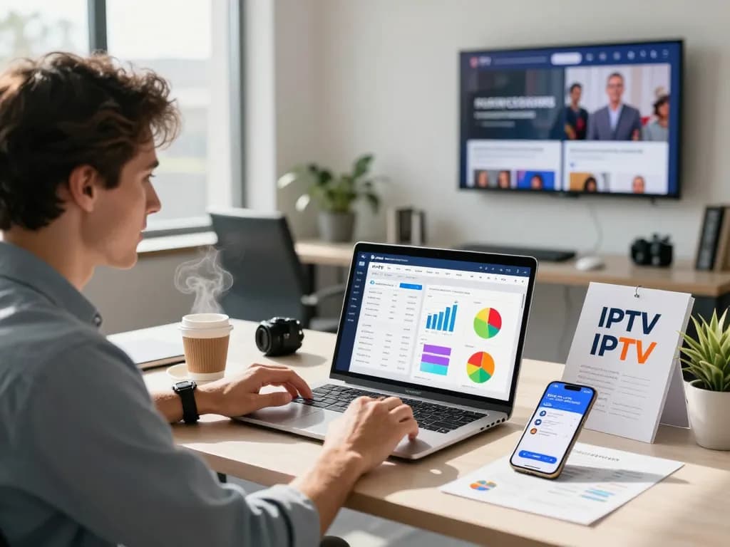 Entrepreneur engaging with the Sky Glass IPTV Reseller Panel in a vibrant office, showcasing user-friendly analytics.
