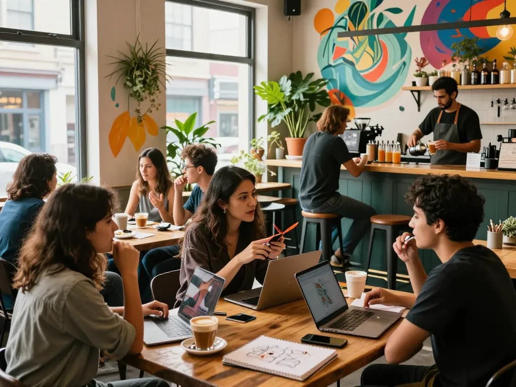 Engaging spicy chat in a lively urban café with creative individuals sharing ideas.