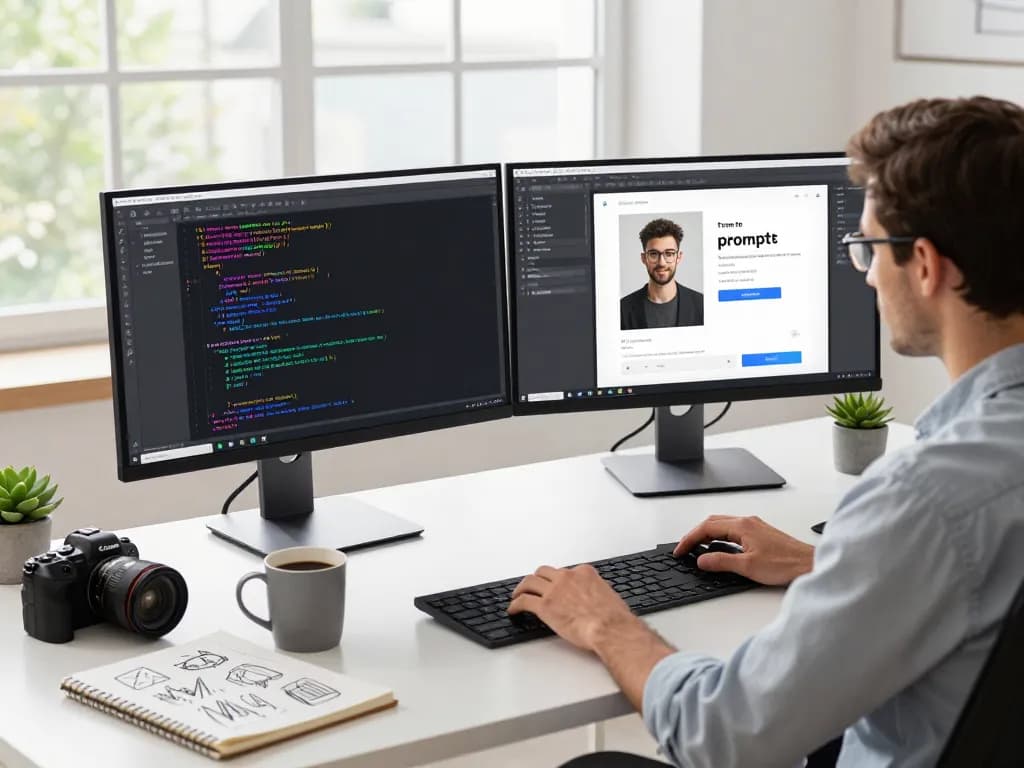 Professional workspace featuring an innovative image to prompt ai developer analyzing images with dual monitors and creative elements.