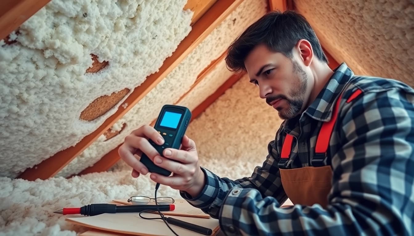 Identifying problems with spray foam insulation during an attic inspection by a professional contractor.