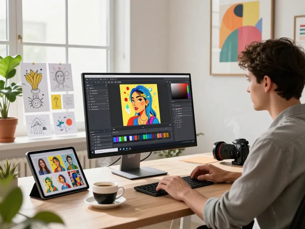 Designer using Nano Banana 2 AI image editor in a modern workspace.