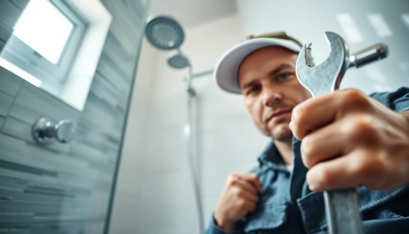 Fixing a shower not working with a professional plumber inspecting pipes and tools in the bathroom.
