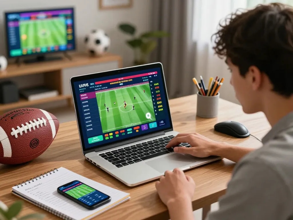 Exciting interaction at communicate.com.mx sports betting platform with laptop and sports gear.