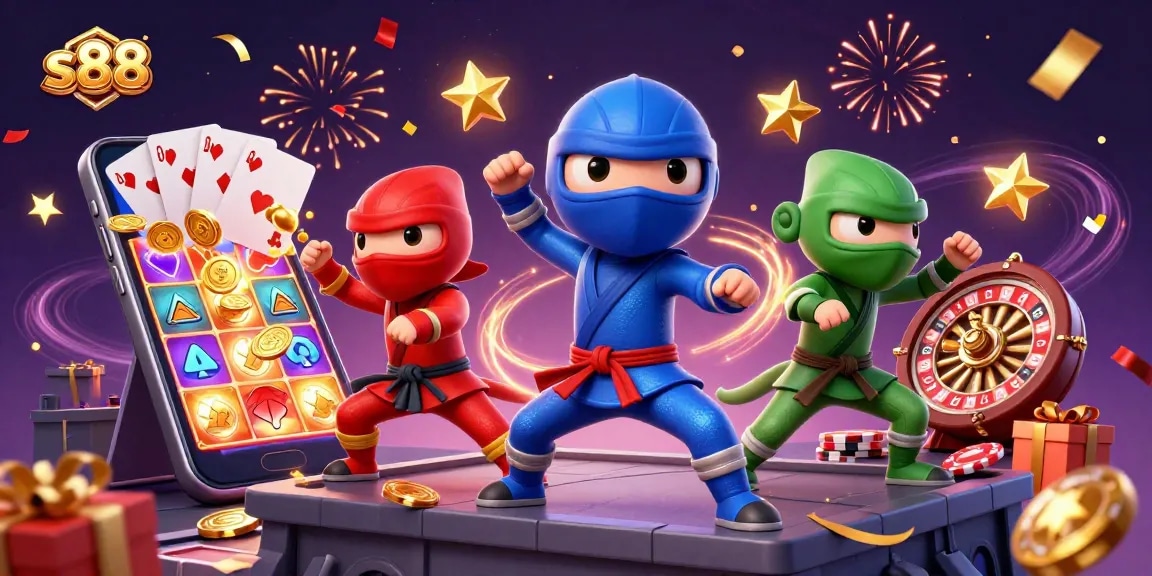 S88 engages players with vibrant slot games amidst action-packed chameleon warriors.