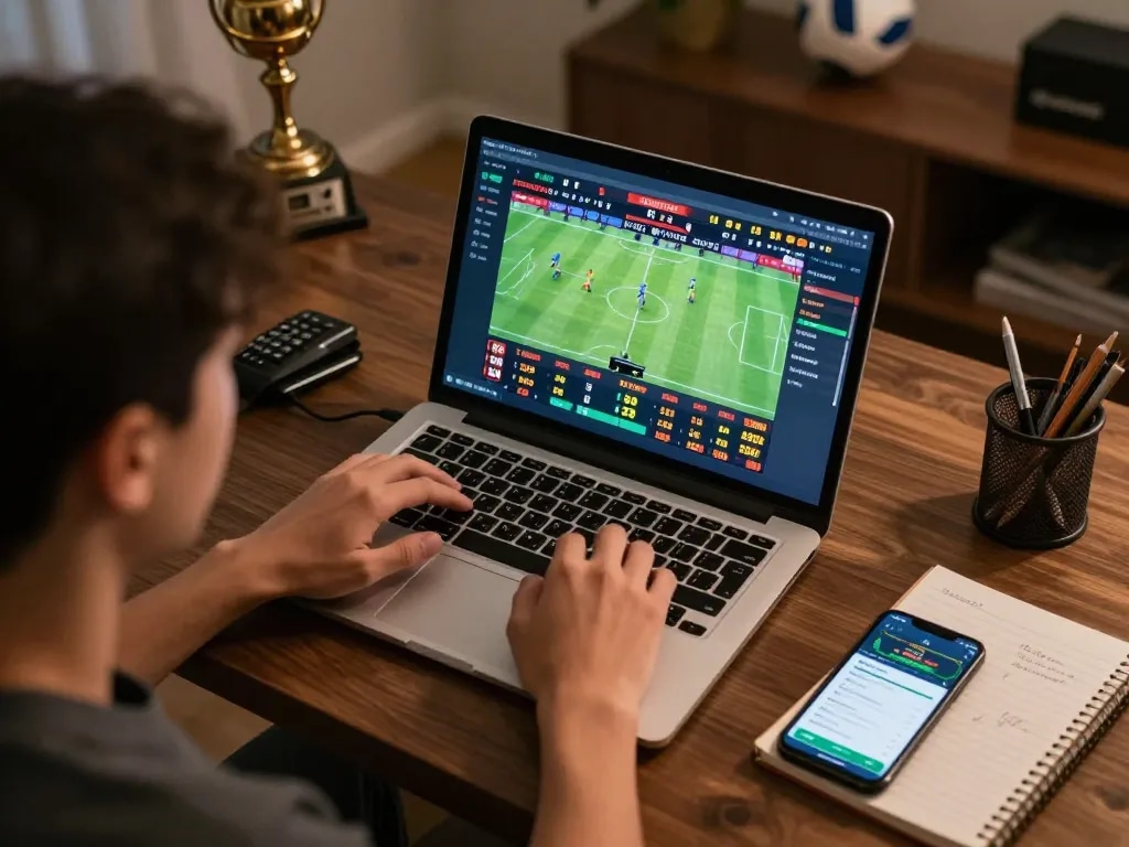 N188 sports betting action with user placing bets and analyzing odds in a cozy home environment.