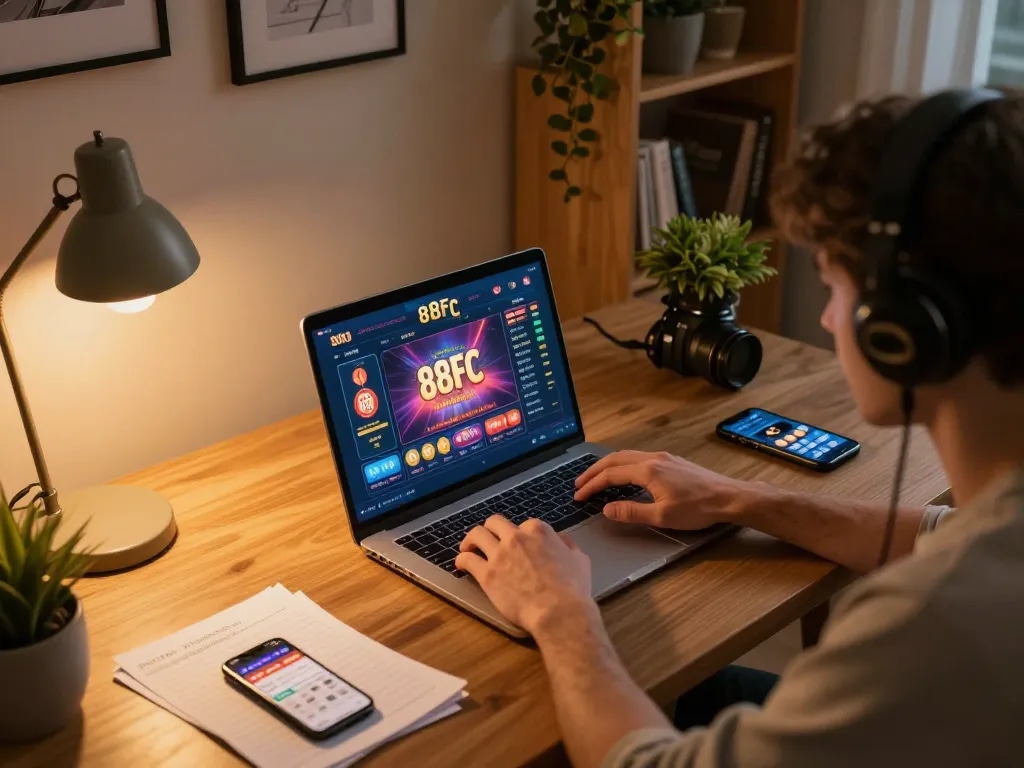 Engaged player exploring 88FC online casino games in a cozy home office setting