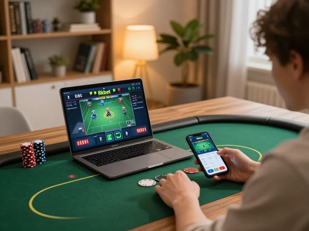 Player engaged in a poker game on 8kbet app from a cozy home setup
