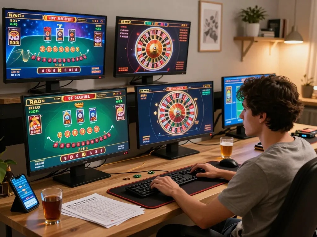 Player engaging with online casino games at tg88com, showcasing strategic gameplay in a cozy home setting.