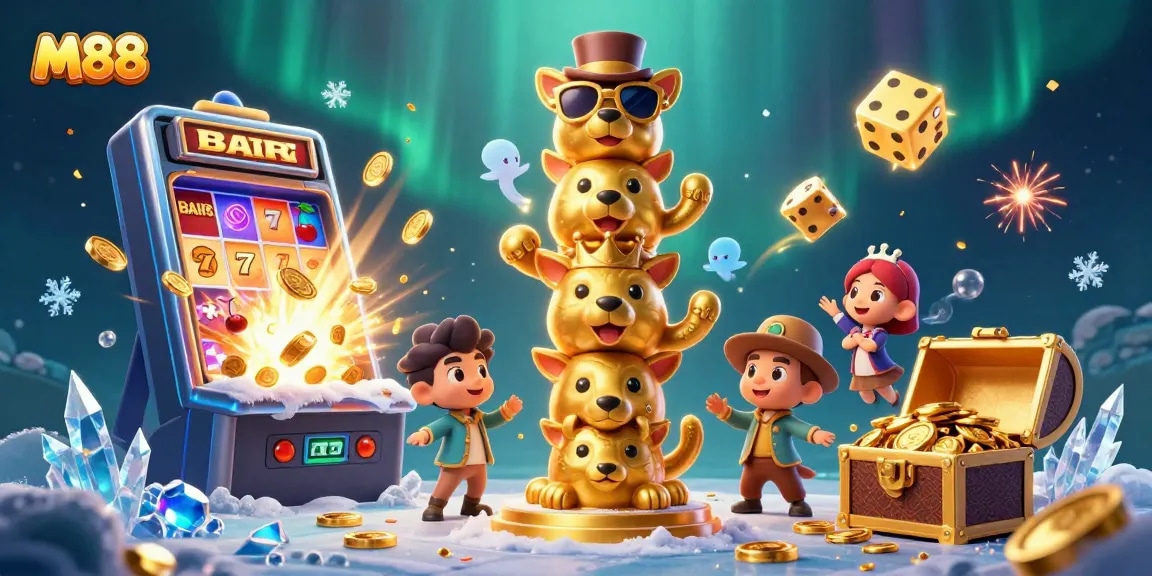 M88 players celebrating a jackpot, filled with vibrant casino elements and animations illustrating a lively gambling experience.