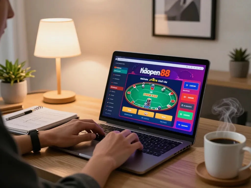 Engaging online betting session at nhà cái open88 with a lively poker game displayed on laptop screen