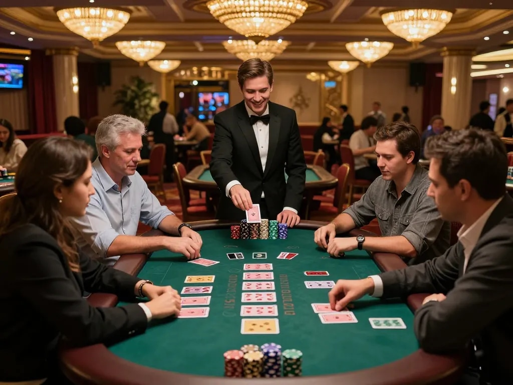 Players engaging in an exciting blackjack game at ok365 casino with dealer revealing a winning hand.