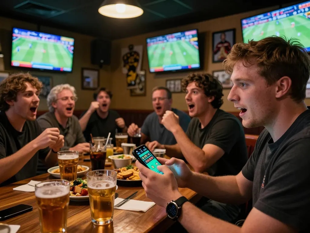 Engaged patrons placing bets on 789bet while enjoying live sports at a vibrant sports bar.