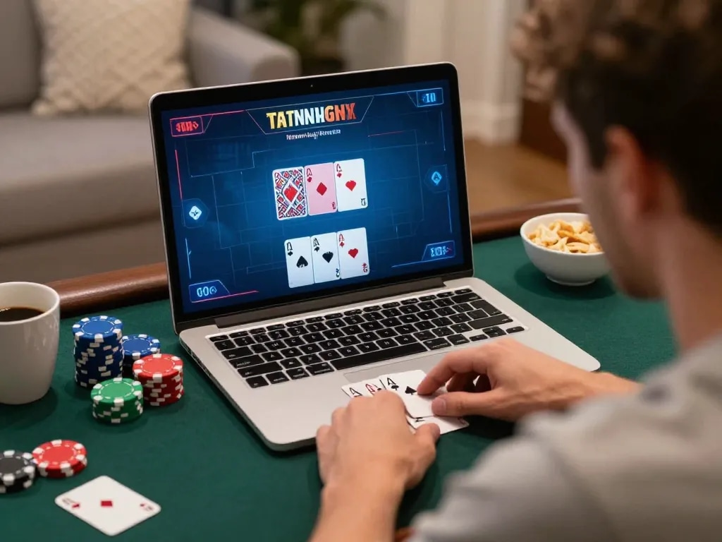 Engaging online poker gameplay at home on laptop, cm88 focused on strategy and interaction.