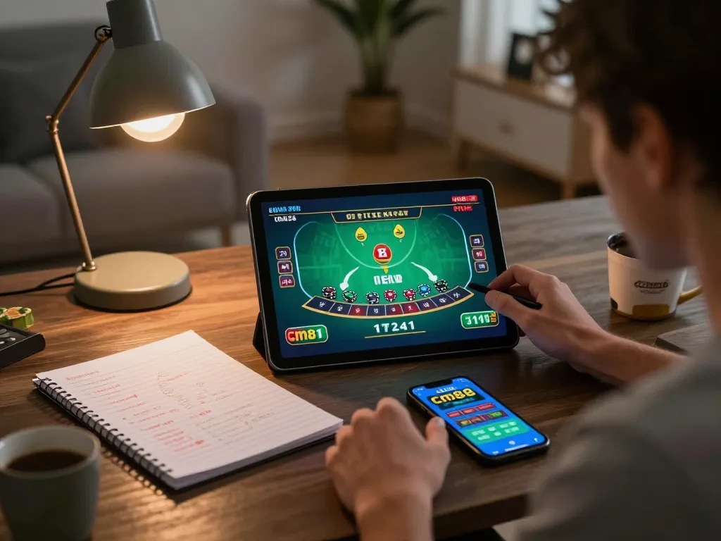 Player enjoying cm88's live dealer blackjack game on tablet in a cozy home setting.