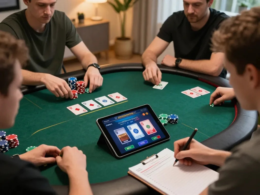 Rikvip players participating in an engaging online poker game, showcasing strategy notes and fun atmosphere.