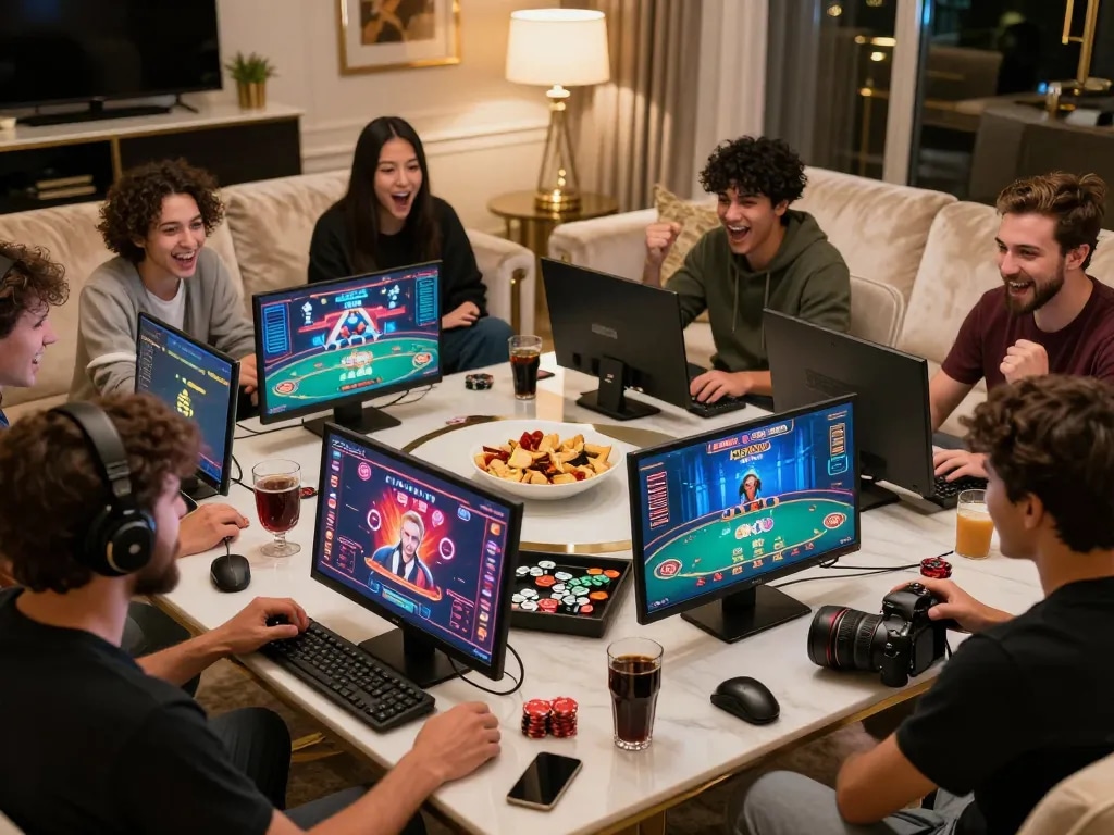 Sunwin players enjoying an exciting online gaming experience in a luxurious environment.