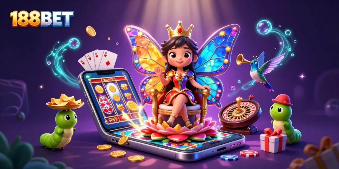 Play exciting games at 188BET with vibrant 3D illustrations showcasing slots and casino elements dynamically.