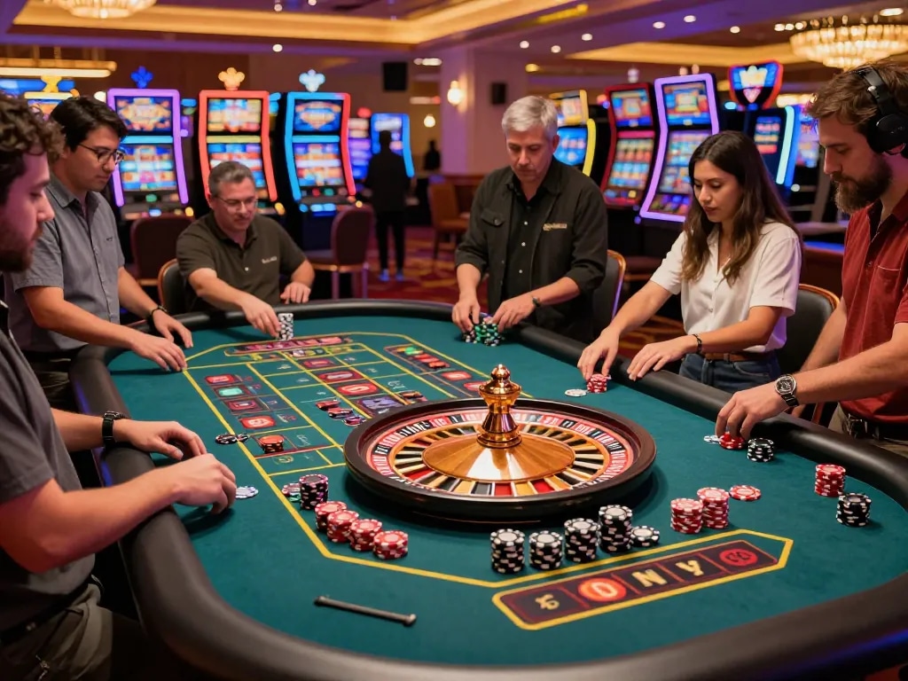 Engaging players at NK88 placing bets at a lively roulette table in a vibrant casino, showcasing excitement and strategy.