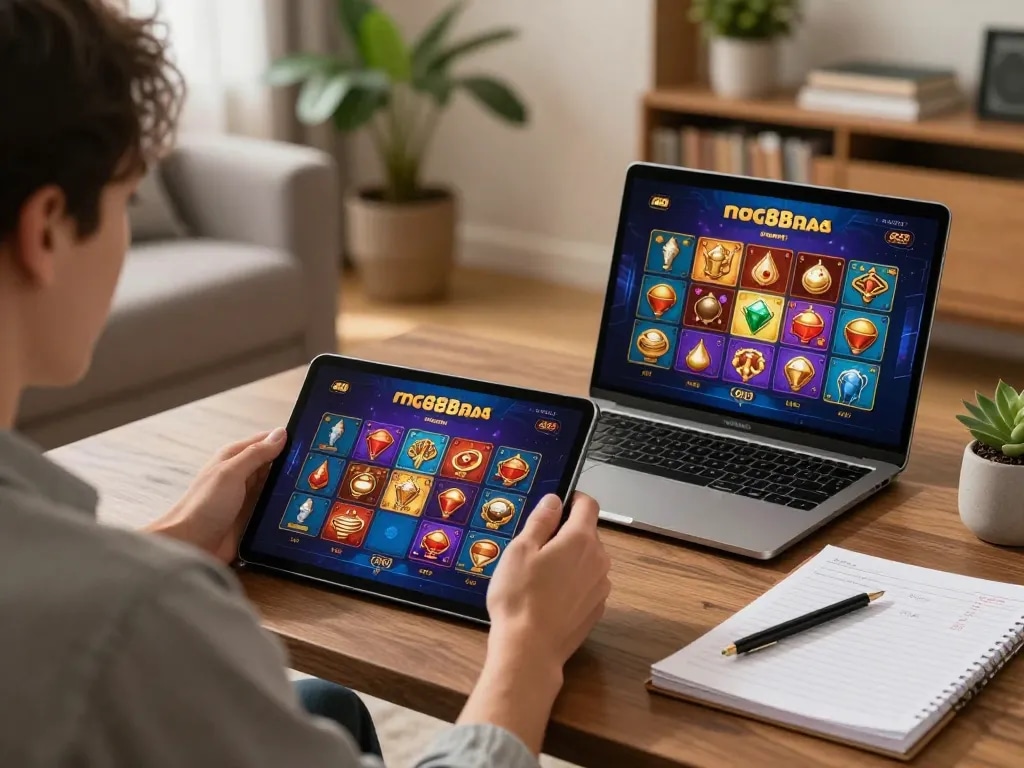A user engaging with the 88aa online casino app on a tablet, surrounded by strategy notes and a stylish living room.