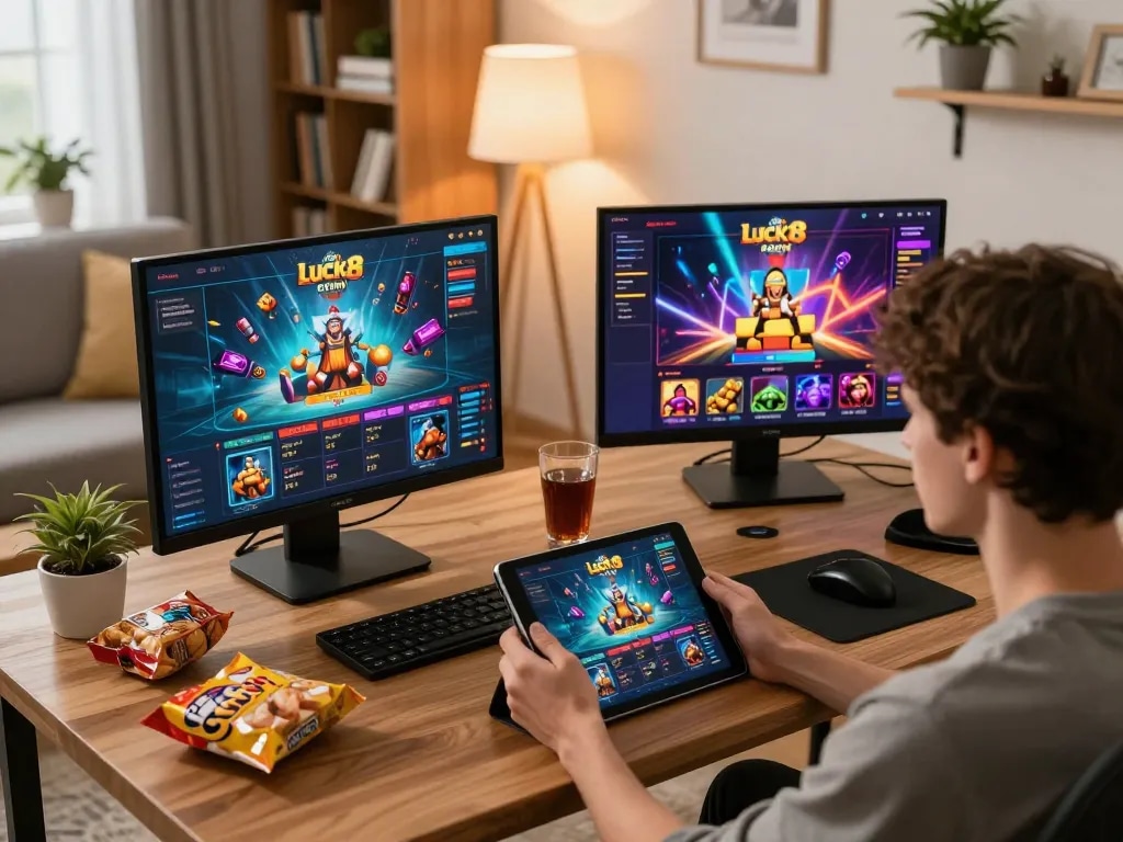 Engaged player exploring luck8 com games on a tablet in a cozy home setup with snacks around