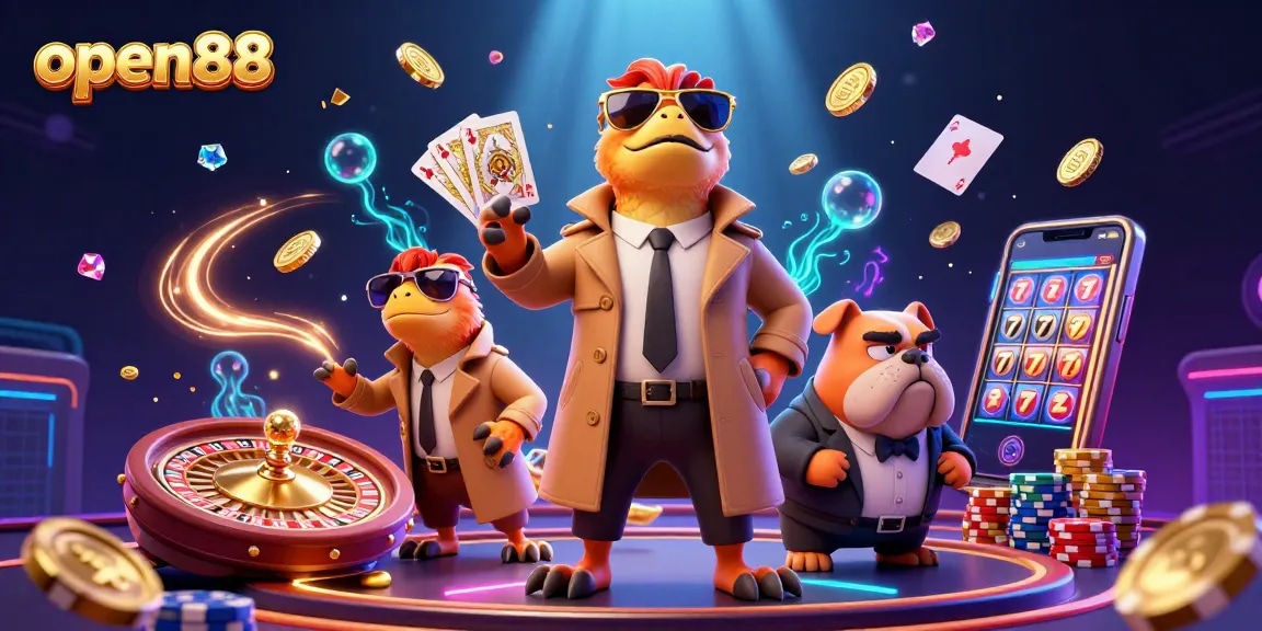 Experience high-stakes thrills with open88’s VIP lounge in this vibrant 3D casino scene.