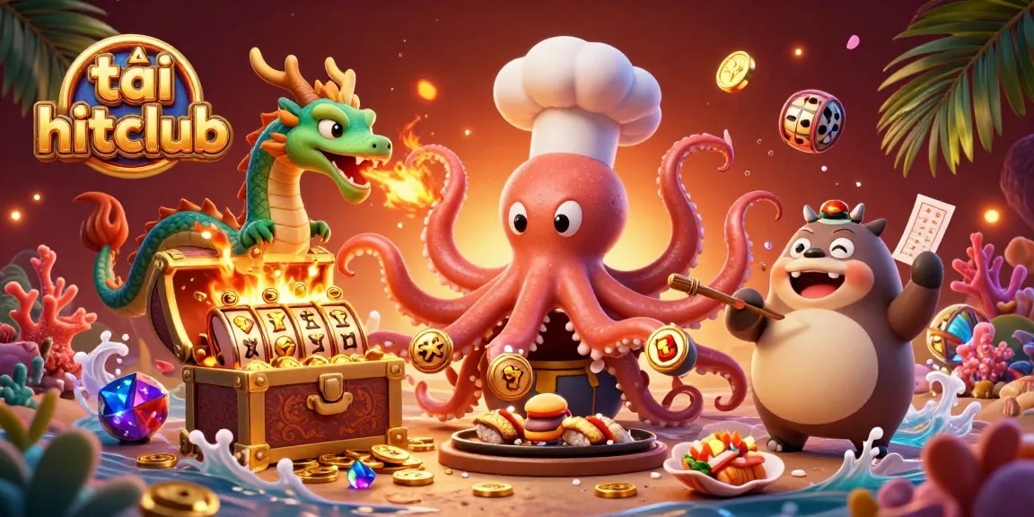 Win big with tải hitclub, illustrated by a colorful 3D cartoon scene of characters engaging in thrilling casino games.