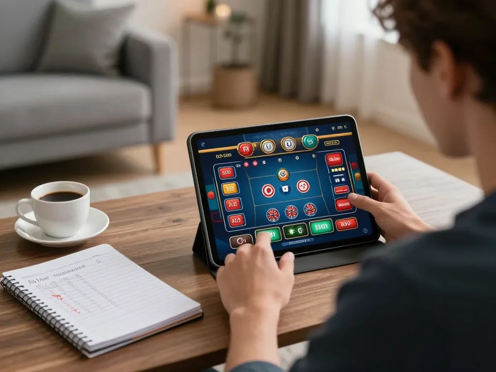 Player engaged in online casino games at home using 678vip tablet, showing strategic gaming atmosphere.