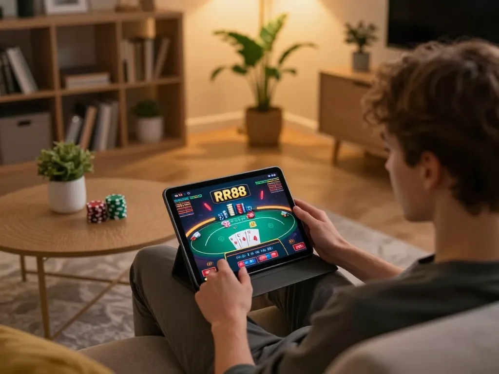 Player enjoying RR88 online casino poker on tablet in a cozy home setting