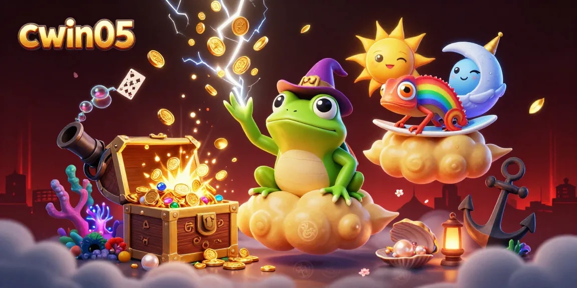 Win big at cwin05 with a vibrant digital scene showcasing a wizard frog and chameleon amid casino treasures.
