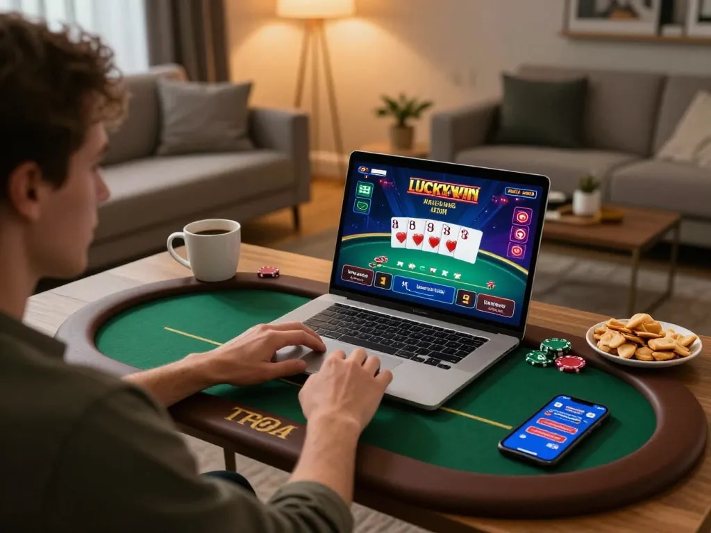 LUCKYWIN player engaging in online poker at home, showcasing immersive gaming experience