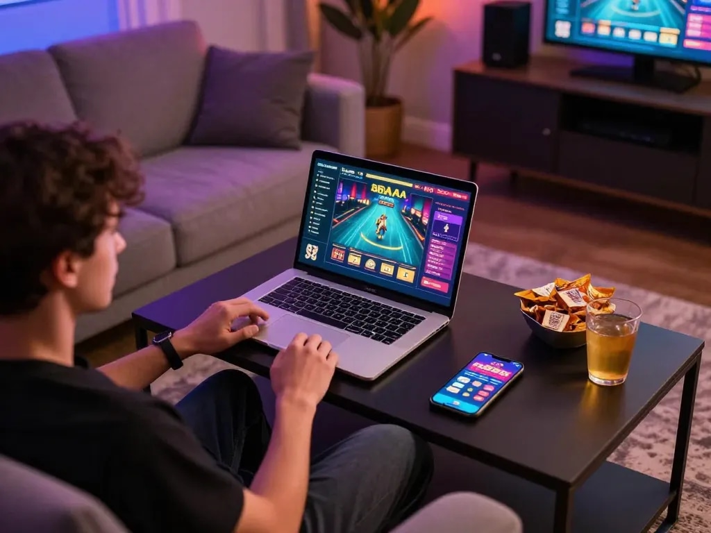 Engaging online session at 88AA casino with user focused on gaming interface during relaxed home environment
