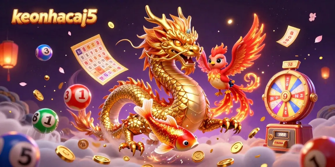 Join the excitement of keonhacai5 as the golden dragon, phoenix, and koi fish create a vibrant lottery scene.