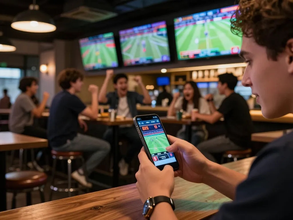 Engaged sports bettor exploring tỷ lệ kèo trực tuyến on smartphone in a vibrant sports bar.