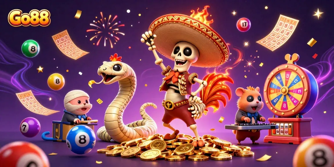Engage in thrilling gameplay at Go88 with exciting colorful lottery elements and vibrant characters.