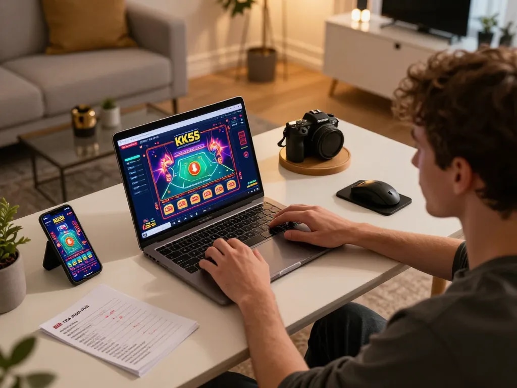 Engaged player enjoying games on KK55 casino platform from a cozy home setup, featuring laptop and smartphone.