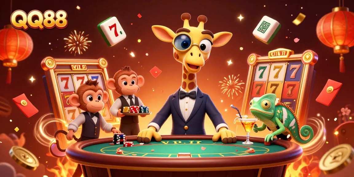 Experience thrilling gameplay at QQ88 with a lively casino scene featuring a high-roller giraffe and exciting game elements.
