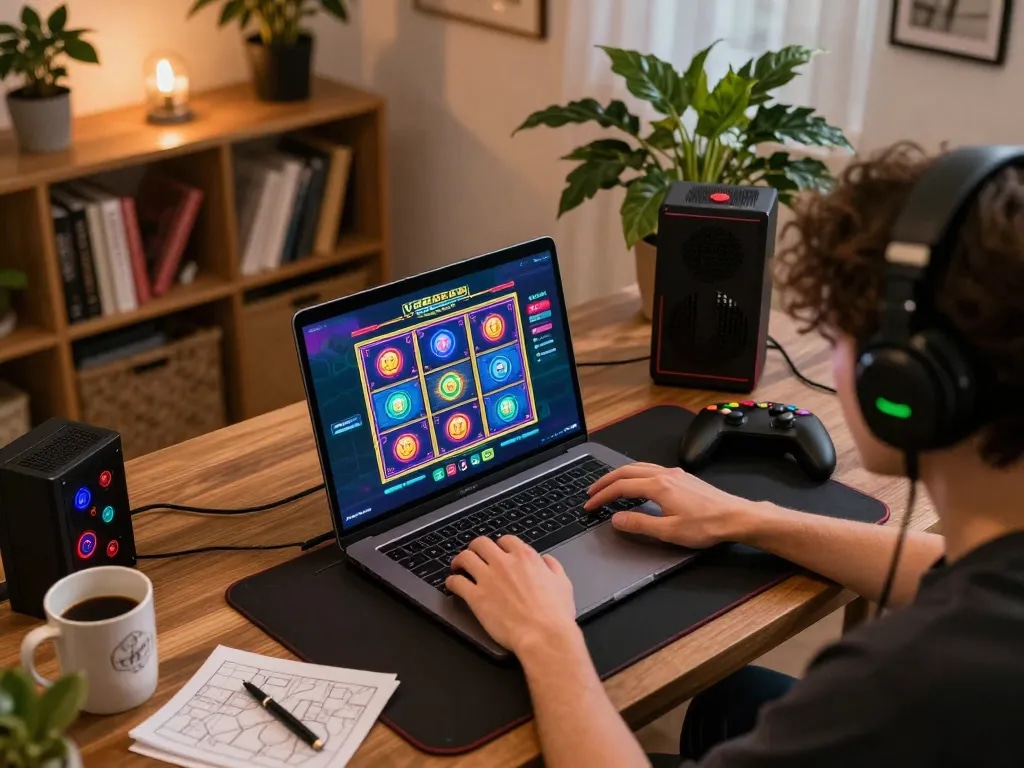 Experience thrilling gameplay with VT88 COM on a laptop in cozy home setting