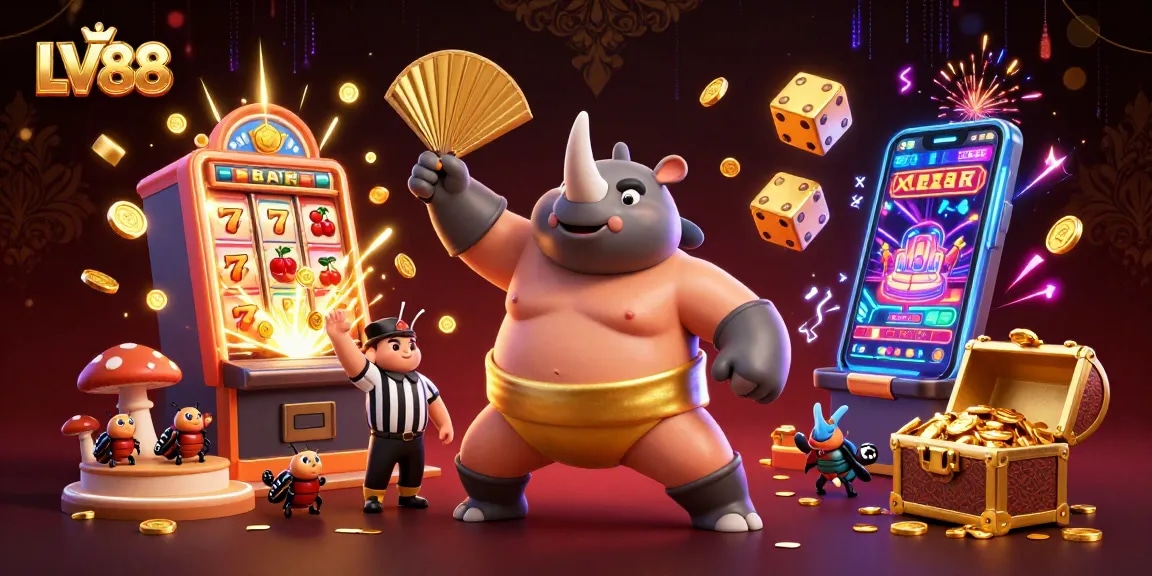 Experience the thrill of winning at LV88 with a vibrant 3D casino scene filled with action and excitement.