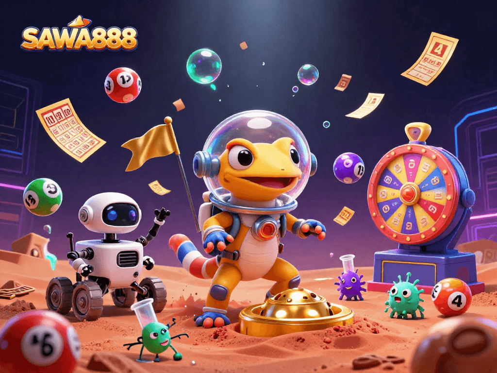 Spin the reels at SAWA888 with a Martian gecko discovering a hidden casino adventure!
