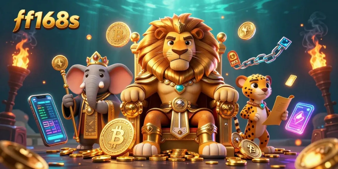Engage in thrilling casino experiences with f168s, featuring a regal lion king and vibrant crypto elements.